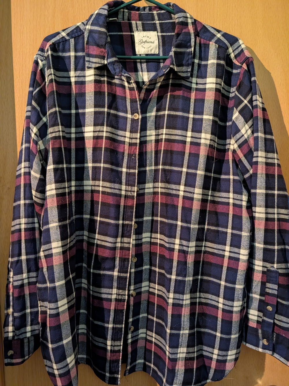 JACHS Girlfriend Navy Plaid Button-Down Shirt with Pink and White Stripes